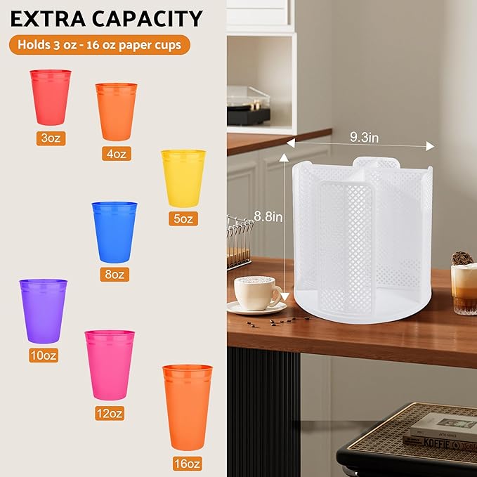 Rotating Paper Cup Dispenser with 4 Compartments, Disposable Coffee Cup Storage & Lid Holder for Countertops, Kitchen, Coffee