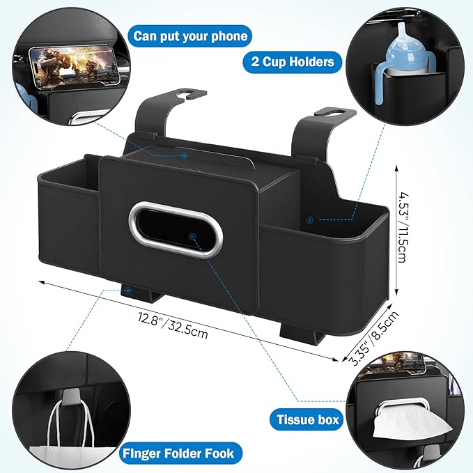 Car Back Seat Organizer with 1 Pack of 80 Tissues, Car Seat Back Tissue Box, and Storage Hook, Multi-Functional Organizer for Phone, Drinks, Handbag, Garbage Bags, Fits Most Car Models