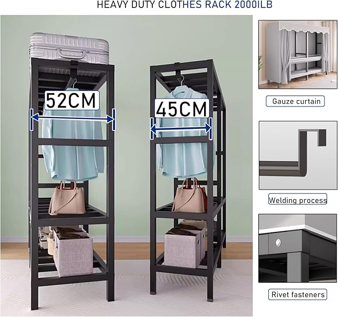 Foldable Portable Closet Wardrobe On Wheel, Load 2000lbs, Portable Wardrobe Closet, Heavy Duty Clothes Rack, Garment Racks fo