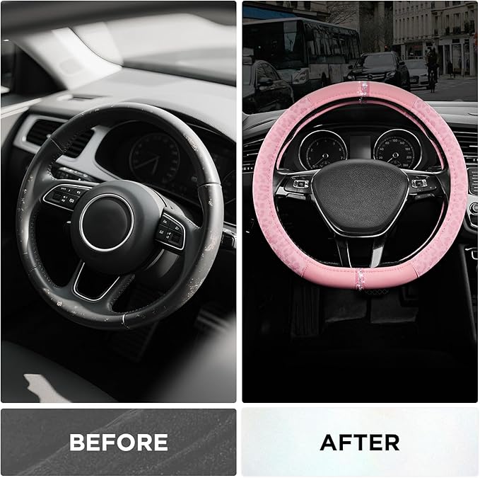Road Comforts Leopard Steering Wheel Cover for Women, Cute Anti-Slip Microfiber Leather, Fits D Shape Flat Bottom Steering Wh