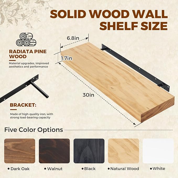 Floating Wall Shelves 30x6.8x1.7 Inch – Solid Wood Rustic Shelves in Natural Wood Finish – Wall Mounted Heavy Duty Display Sh