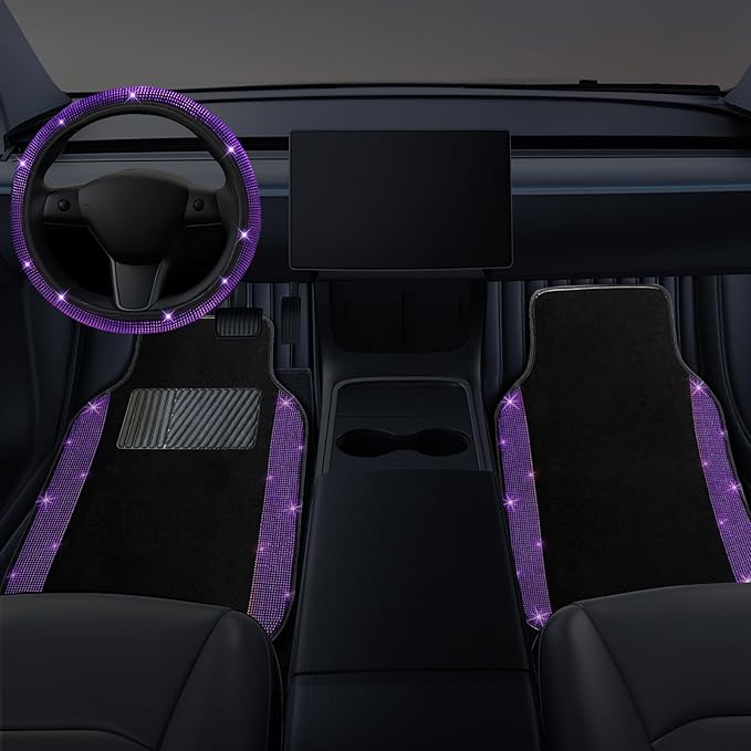 NBTEPEM Bling Car Floor Mats Full Set and Steering Wheel Cover, Universal Fit Most Cars, 4 pcs Sparkle Glitter Diamond Carpet, 5 pcs Bling Car Accessories Set for Women (Purple Violet Diamond)