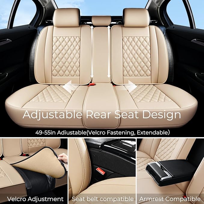 Huidasource Beige Seat Covers Full Set, Nappa Leather Seat Cover Hollow Design Airbag Pops, Front ＆ Back Seat, 5 Layers Seat 