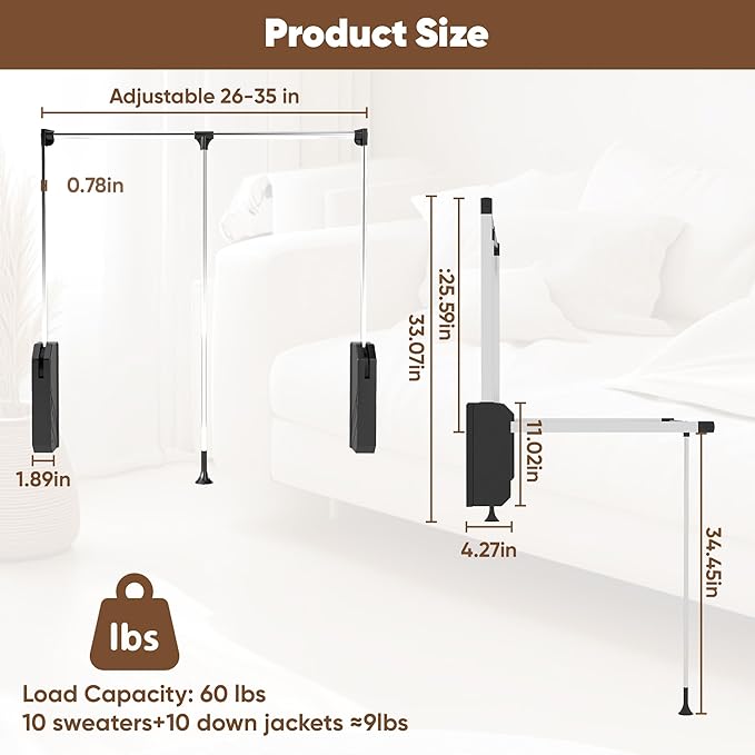 Pull Down Closet Rod, 60 lbs Load Capacity Adjustable 26-35 Inches Stainless Steel Soft-Close Wardrobe Lift with Two-way Buff
