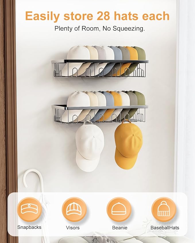 4 Pack Hat Rack for Wall Holds 112 Caps Hat Organizer for Wall Mounted Hat Holder on Wall Hat Organizer for Baseball Caps Hat