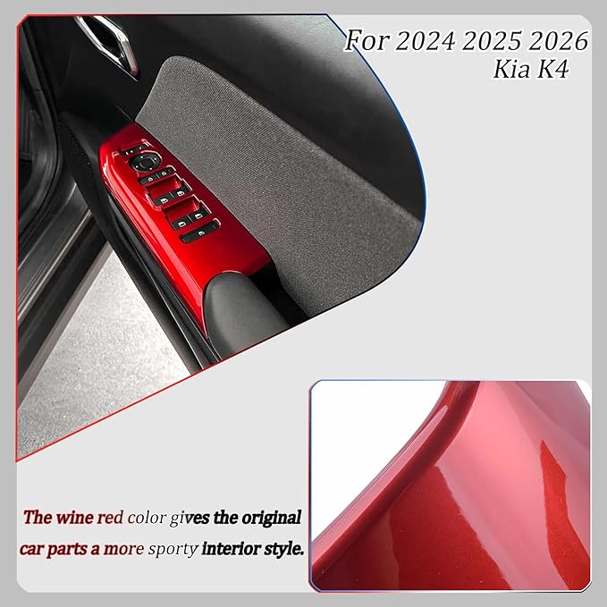 Window Control Panel Cover,for Kia K4 2024 2025 2026, Door Panel Cover,Power Windows Trim - Wine Red Protective Accessories