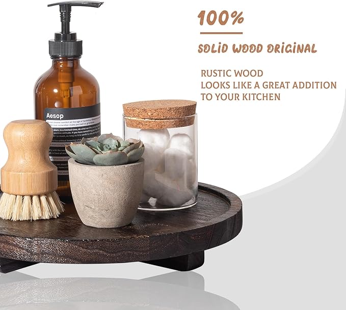 Round Decorative Tray Wood Bathroom Counter Organizer Farmhouse Kitchen Decor Wooden Riser for Soap Dish, Perfume, Candle, Sp