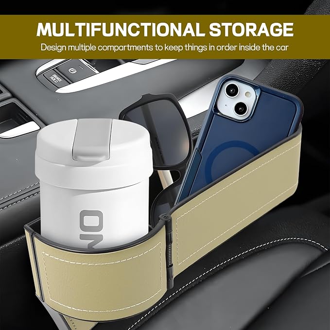 Car Seat Gap Filler Organizer, Multifunctional Car Seat Organizer with Adjustable Cup Holder, Leather Car Seat Gap Storage Box for Holding Phones, Coins, Cards, Keys, Pens (Beige)