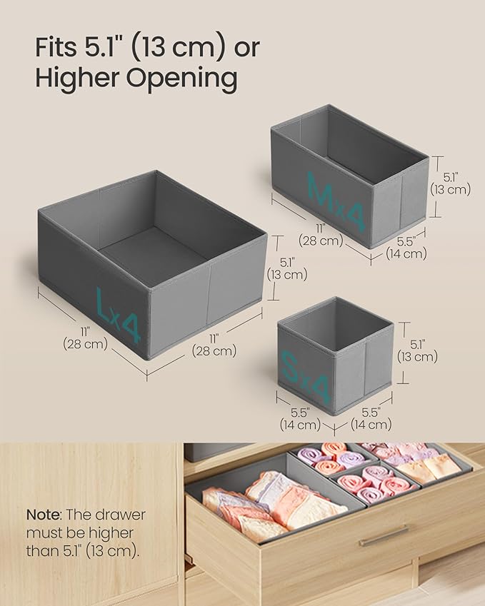 SONGMICS Drawer Organizers, Dresser Divider Organizers, Set of 12, Foldable Fabric Storage Boxes for Socks, Underwear, Bras, 