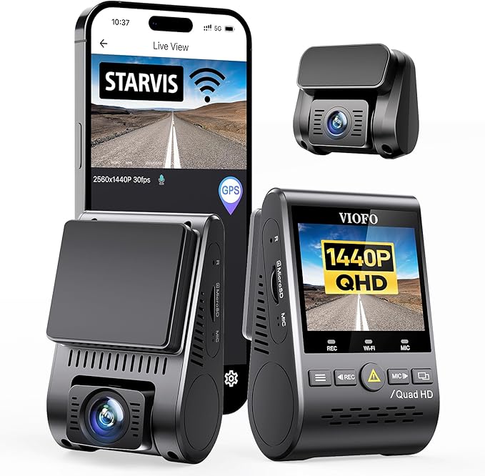VIOFO Dual Dash Cam, 2K 1440P 60fps+1080P 30fps Front and Rear Dash Camera with Wi-Fi GPS, Parking Mode, Emergency Recording,