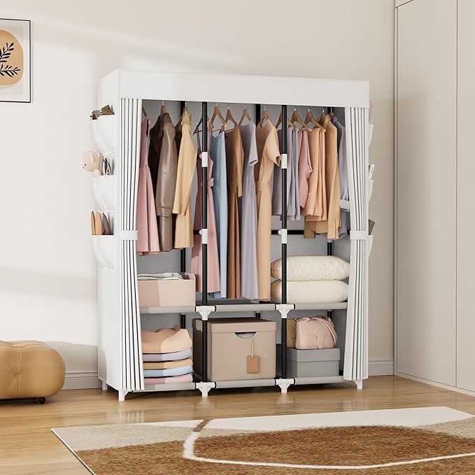 VTRIN Portable Closet Wardrobe for Hanging Clothes Closet with Cover, 3 Hanging rods, 6 Storage Shelves and Side Pocket, Diam