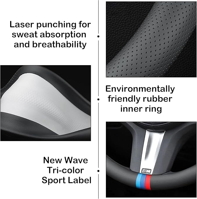 Tricolor Stripes Car Steering Wheel Cover,14.5-15 Inch Universal Nappa Leather 3D Mesh Covers Breathable Anti-Slip Odorless S