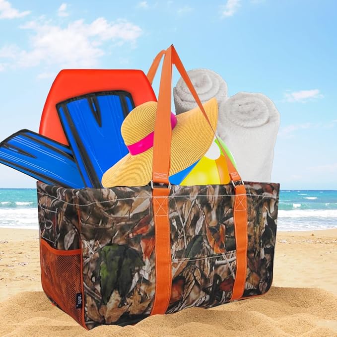 NGIL Extra Large Utility Tote Reusable Grocery Bag Oversized Collapsible for Groceries, Storage, Picnic, Beach (Camo-orange)