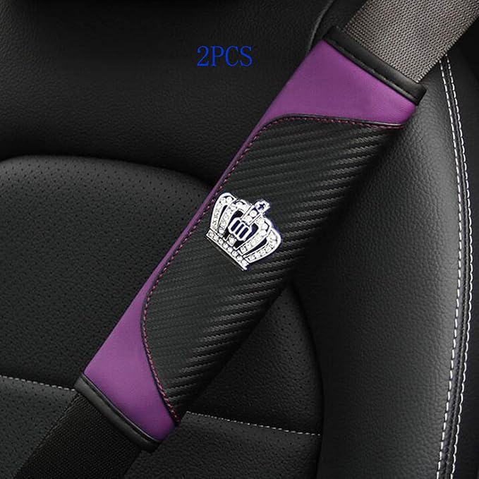 HYL World 2PCS Car Accessories Leather Car Seat Belt Cover Seat Belt Shoulder Pads with Bling Crystal Crown Decor,Purple