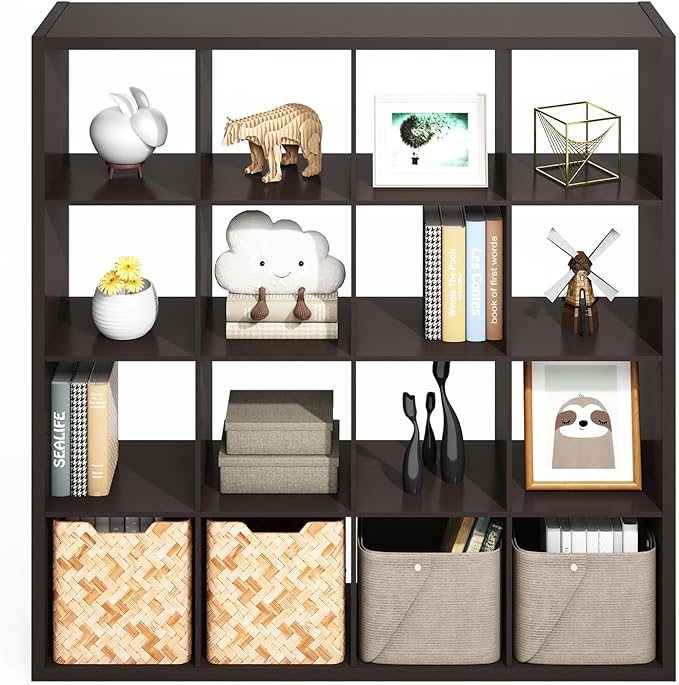 Furinno Simple Cube Storage Organizer, 16-Cube Display Shelf, Open Back Shelving Unit, Storage Shelves, Extra Thick Frame, fo
