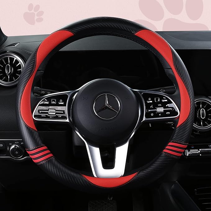HighnessHwoo Car Steering Wheel Covers for Women Padded Carbon Fiber PU Leather Cute Auto Interior Accessories for Vehicle, S