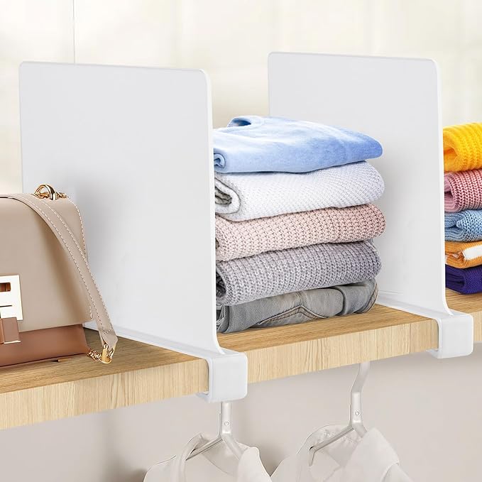 JOY DECOR 8 Pack Acrylic White Shelf Dividers for Closets Organizer and Storage Adjustable Vertical Wood Shelf Closet Separat