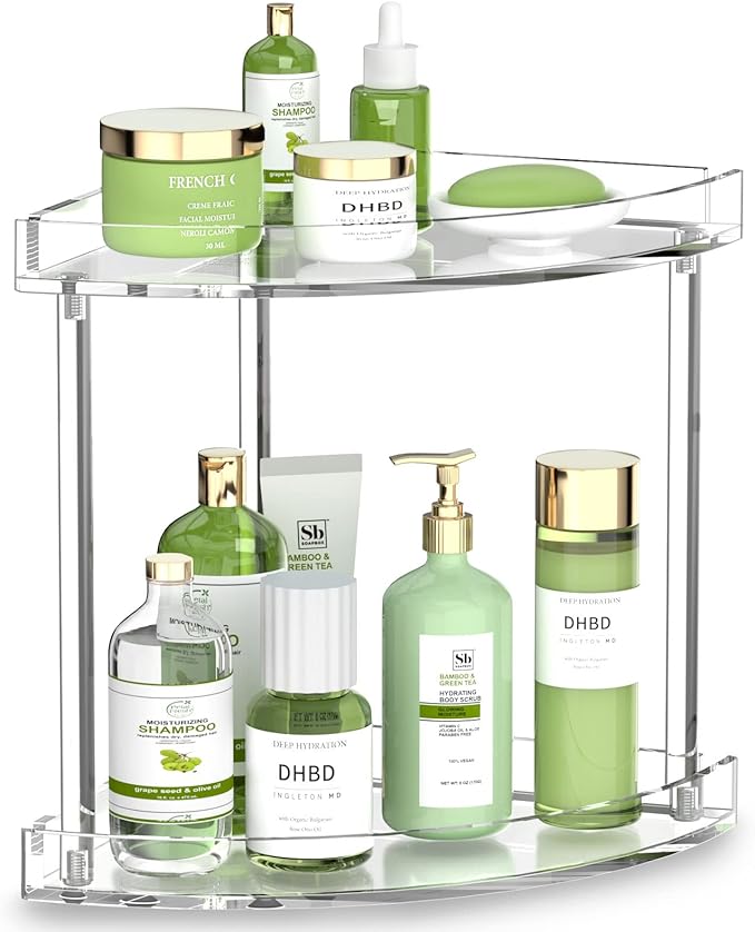 NPPLUS 2 Tier Acrylic Bathroom Counter Organizer, Clear Bathroom Countertop Corner Organizer, 2-Tier Corner Storage Shelf Van