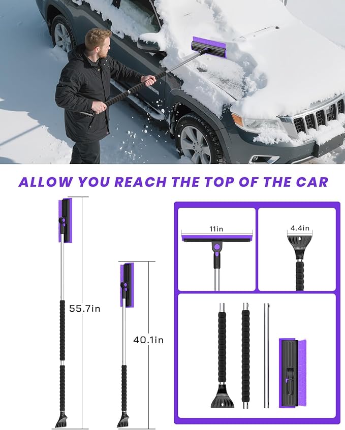 helloleiboo 2025 Extra Long 55.7" Ice Scrapers for Car Windshield Multi-Functional Detachable Car Ice Scraper with Foam Grip and 270° Pivoting Brush Head Snow Brush for SUV Truck Auto(Purple)