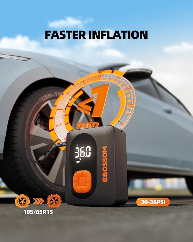 Tire Inflator Portable Air Compressor Cordless Bike Pump with Digital Dual Values Display, 130 PSI Car Tires Pump with LED Lights Air Pump for Bikes, Motorcycles, Balls（15cm Car Air Hose）