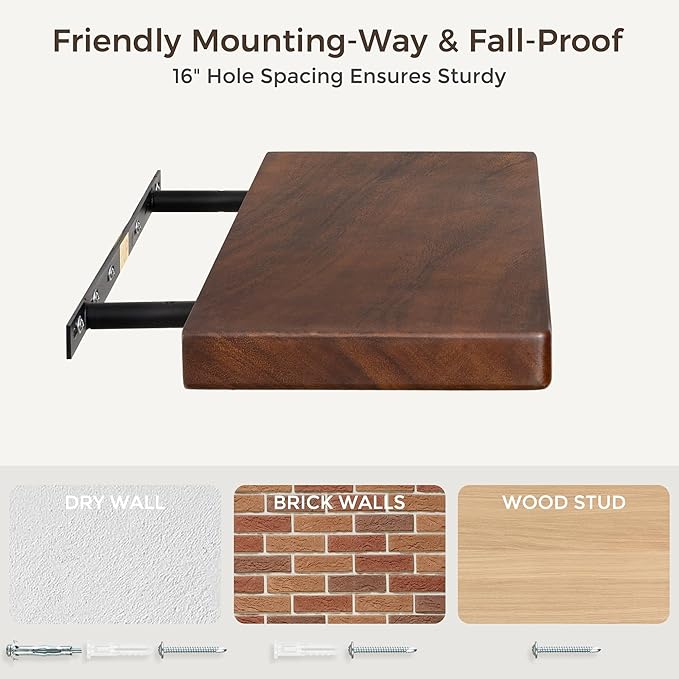 36" Rustic Walnut Wood Floating Shelves, 8 Inch Deep Wall Shelves for Home Decor, Wall Mounted Floating Shelf with Invisible 