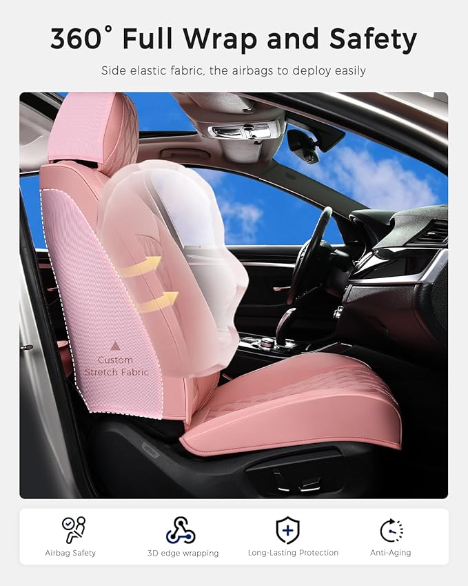 Huidasource Pink Front Seat Covers, Nappa Leather Front Car Seat Covers, Side Elastic Fabric, Compatible with Airbags, Seat B