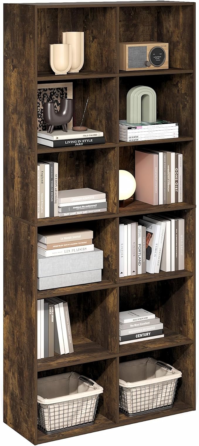Furinno Basic Book Shelf, 12-Cube Bookshelf, Bookcase with Open Shelf, Cube Storage Organizer, 12 x 32 x 71, for Living Room,