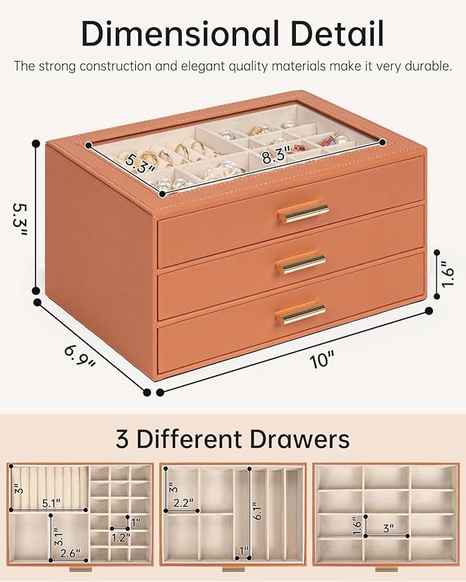 AKOZLIN Jewelry Box with Clear Lid Functional Leather Jewelry Storage Organizer Case 3 Drawers for Women Girls Necklace Ring 