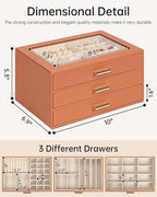 AKOZLIN Jewelry Box with Clear Lid Functional Leather Jewelry Storage Organizer Case 3 Drawers for Women Girls Necklace Ring 
