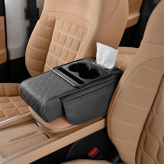 Car Armrest Storage Box,Car Accessories Console Organizers and Storage,Universal Waterproof Leather Console Cover with Cup Holder and Phone Holder,Suitable for Most Cars (Embroidered, Black)