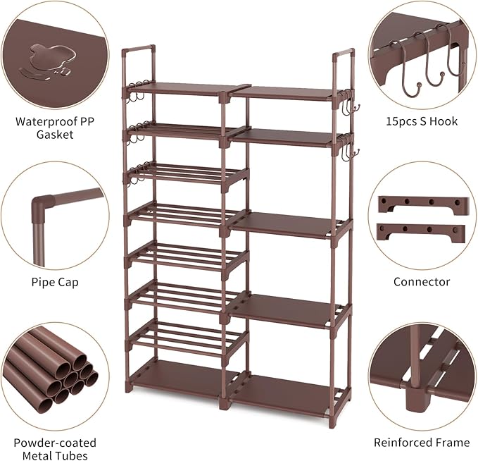 ROJASOP Shoe Rack Organizer, 8-Tier Metal Shoe Rack for Closet Entryway Garage, 26-32 Pairs Tall Shoe Boot Storage Shelf with