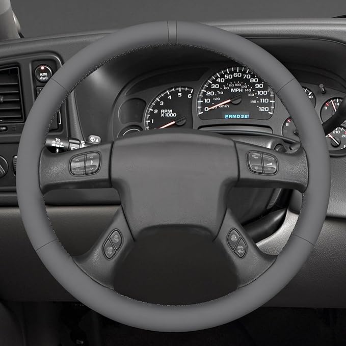 MEWANT Hand Stitched Steering Wheel Cover for Chevy Silverado 1500 2003-2006 DIY Gray Faux Leather Steering Wheel Wrap