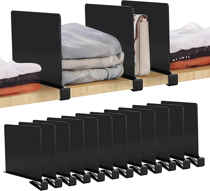 JOY DECOR 12 Pack Acrylic Matte Black Shelf Dividers for Closets Organizer and Storage Adjustable Vertical Wood Shelf Closet 