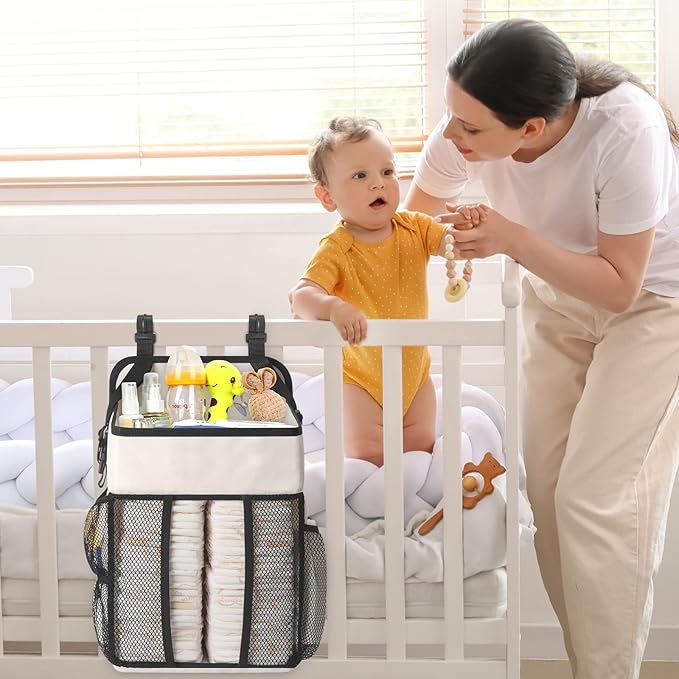 Maliton Hanging Diaper Organizer - Caddy for Changing Table, Crib, Pack n' Play - Stacker Holds 52+ Diapers - Nursery Organiz