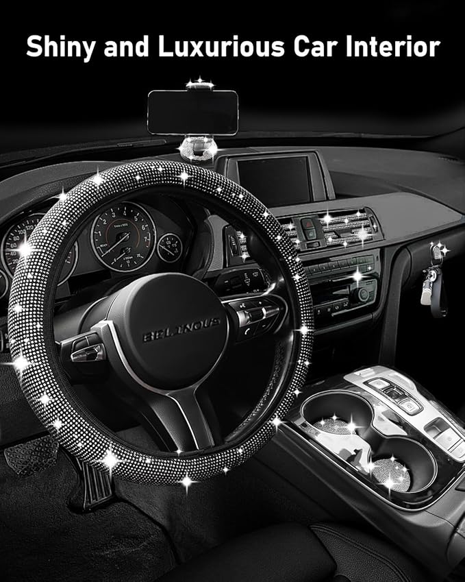 Belinous 27 PCs Bling Car Accessories for Women, Girl Car Accessories for Interior, Bling Steering Wheel Cover 14.5-15in, Bling License Plate Frame, Bling Phone Holder, Cup Coasters (Silver Diamond)