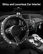 Belinous 27 PCs Bling Car Accessories for Women, Girl Car Accessories for Interior, Bling Steering Wheel Cover 14.5-15in, Bling License Plate Frame, Bling Phone Holder, Cup Coasters (Silver Diamond)