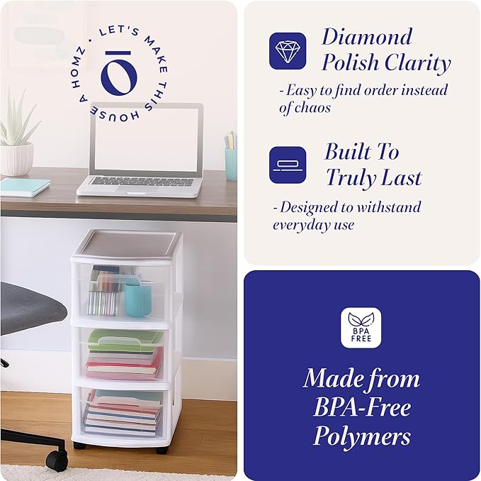 HOMZ Drawer Tower, 3-Tier Rolling Storage Cart with Removable Wheels, White Frame – Plastic Organizer with Clear Bin Drawers 
