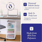 HOMZ Drawer Tower, 3-Tier Rolling Storage Cart with Removable Wheels, White Frame – Plastic Organizer with Clear Bin Drawers 