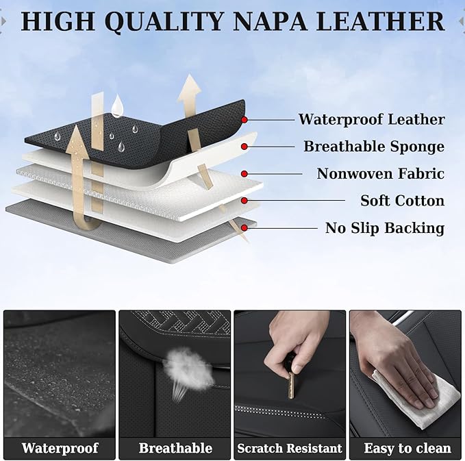 Coverado Car Seat Covers Full Set, Luxury Nappa Leather Seat Cover, Universal Seat Covers for Cars, Front and Back Waterproof