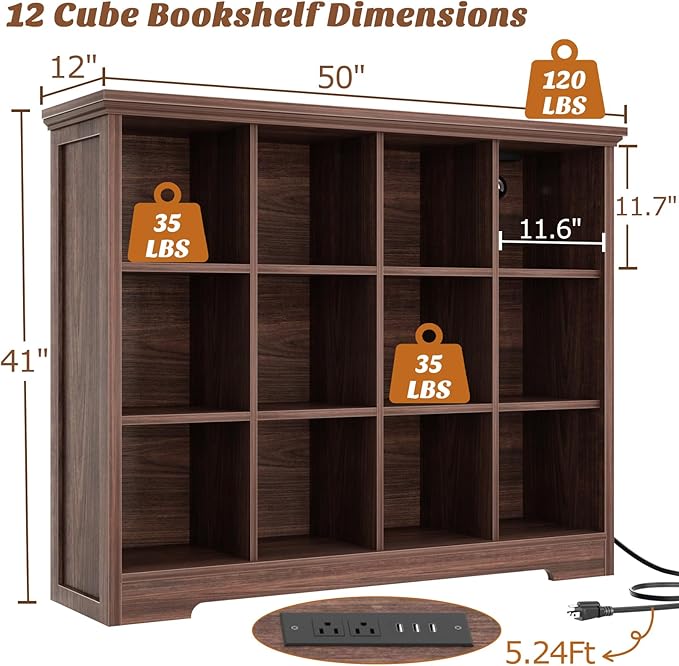 Aheaplus Wooden 12-Cube Storage Organizer with Charging Ports, Modern Cube Bookcase with Base, 4-Tier Floor Standing Open Cub