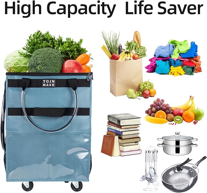 Reusable Grocery Bag On Wheels, Shopping Trolley, Rolling Tote with 8 Pockets and Zipper Cover, Foldable, Heavy Duty Handles, Carries Up to 46 LBS (Medium, Blue)