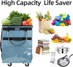 Reusable Grocery Bag On Wheels, Shopping Trolley, Rolling Tote with 8 Pockets and Zipper Cover, Foldable, Heavy Duty Handles, Carries Up to 46 LBS (Medium, Blue)