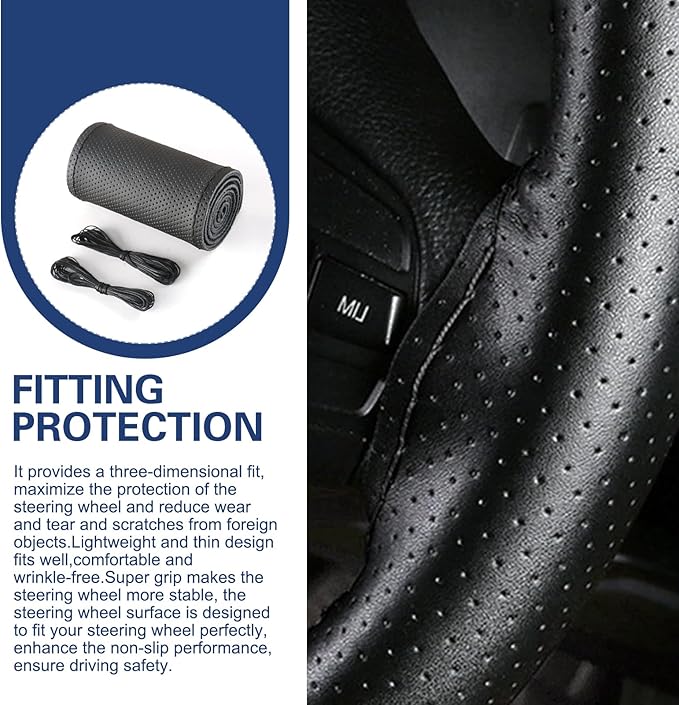 WZP Genuine Leather Steering Wheel Cover, Custom Stitch On Steering Wheel Wrap, Breathable Non-Slip Steering Wheel Protector 