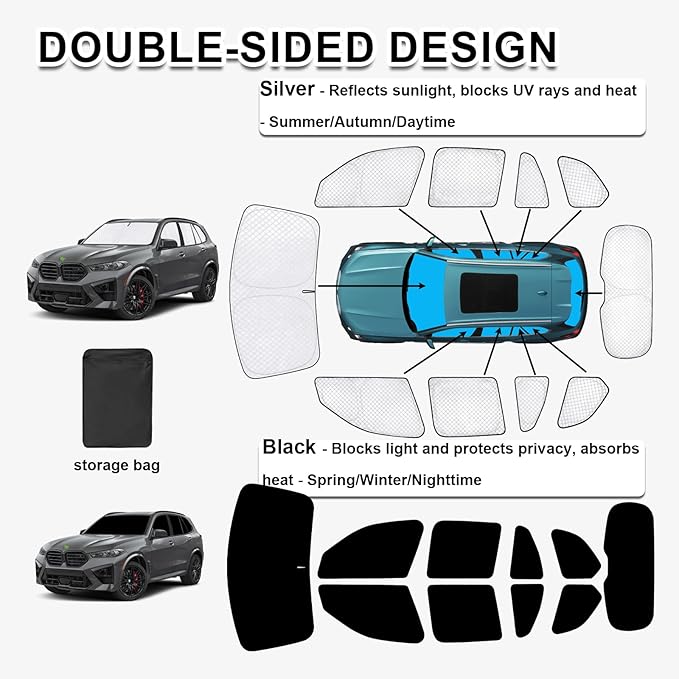 KMF 10pcs Thicken Sun Shades Custom Fit for BMW X5 Accessories 2019-2025 2026, Full Car Window Covers Sunshade for Windshield Side Rear, UV Block Protecting Privacy for Car Camping Blackout Outdoor
