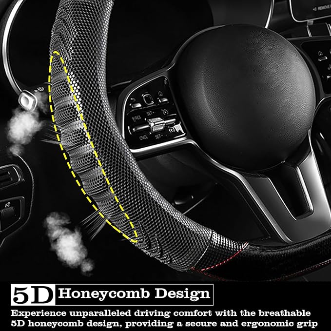 5D Honeycomb Black Car Steering Wheel Cover,14.5-15 Inch Universal Carbon Fibre Leather Covers Breathable Anti-Slip Odorless 