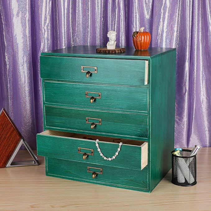 Desktop Drawer Organizer - Large Wooden Drawers Vintage Box with Drawers Paper Storage File Folder Organizer Library Card Cat