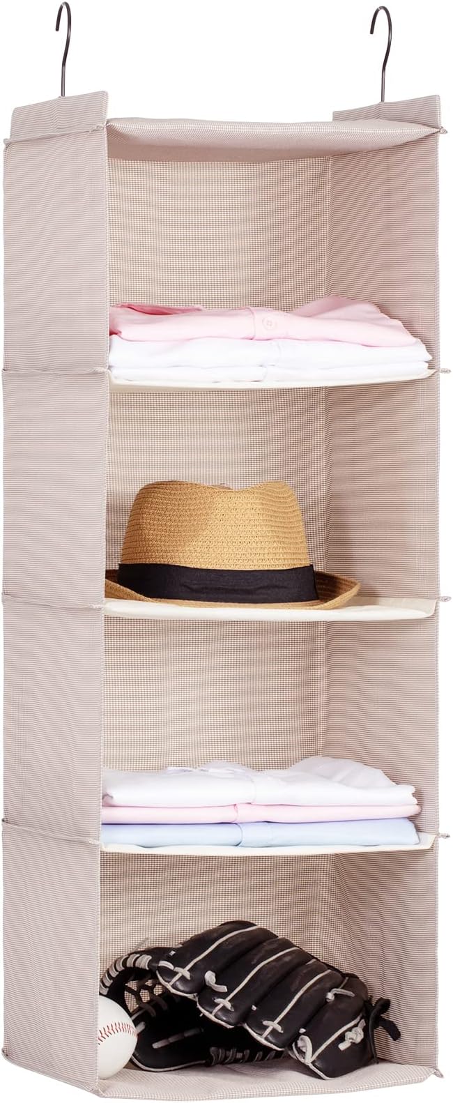 Hanging Closet Organizer and Storage, Foldable 4-Shelf Wardrobe Clothes Shelves Organizer, Imitation Linen Fabric, Beige Houn