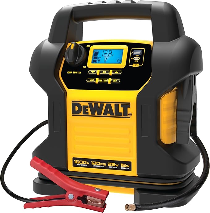DEWALT DXAEJ14 Digital Portable Power Station Jump Starter - 1600 Peak Amps with 120 PSI Compressor for Tires, Sports