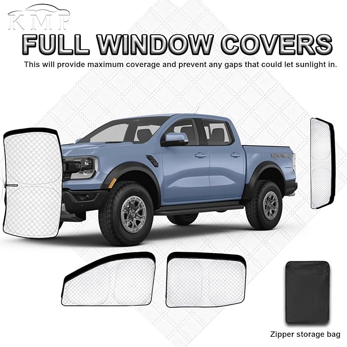 KMF 6pcs Thicken Sun Shade for Ford Ranger 4Door 2019-2025 Accessories, Full Car Window Covers Sunshade for Windshield Side Rear, UV Block and Privacy Blackout for Camping Outdoor