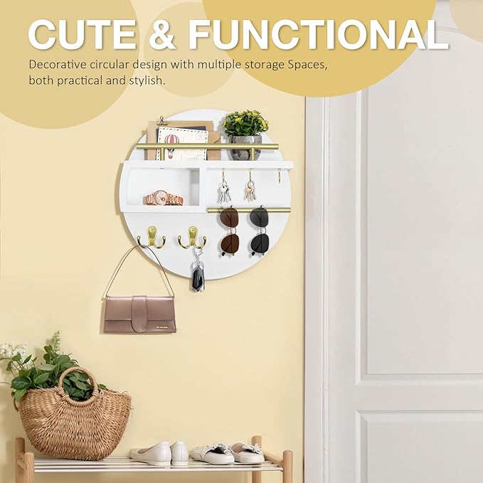 kuaima Key Holder Wall Mount, Round Wooden Key Rack with Shelf, Sunglasses Hanger, Storage Box, Multi Hooks, 12 Inch, White a